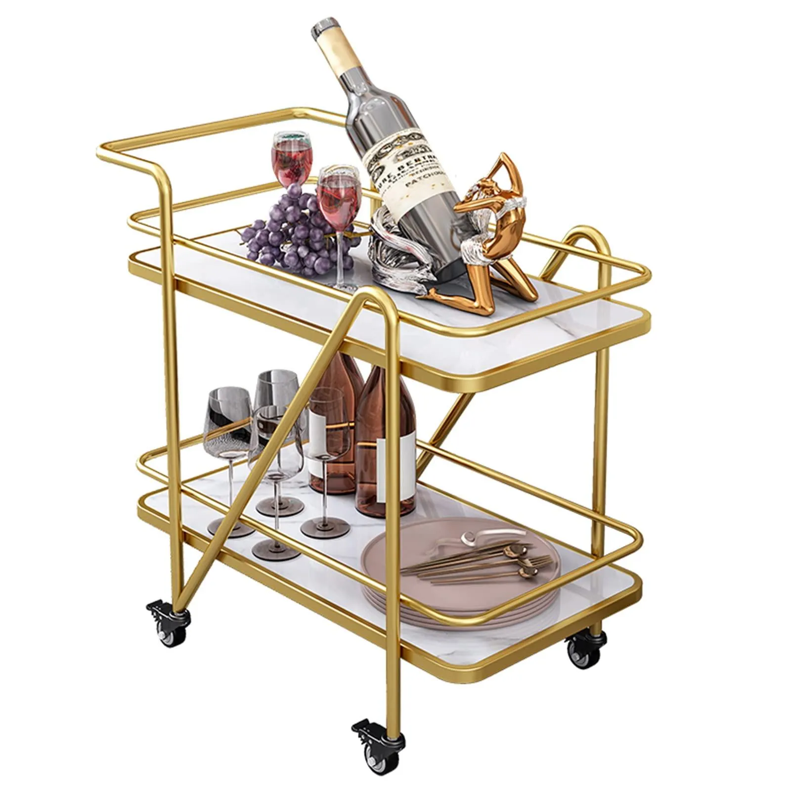 2 Tier Metallic Marble Elegance Rolling Bar Cart - Stylish and Functional Serving Cart with Wheels