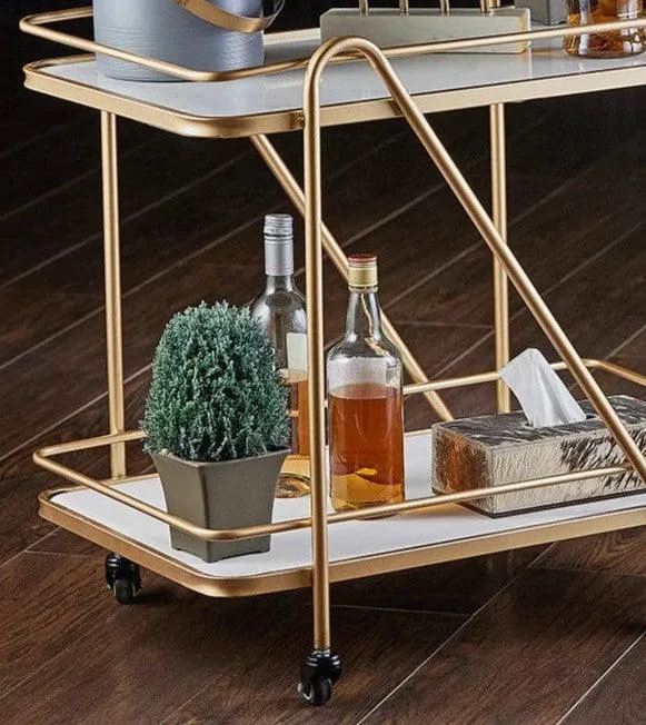 2 Tier Metallic Marble Elegance Rolling Bar Cart - Stylish and Functional Serving Cart with Wheels