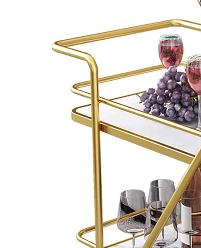 2 Tier Metallic Marble Elegance Rolling Bar Cart - Stylish and Functional Serving Cart with Wheels