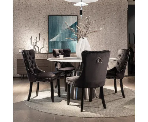 2x Velvet Dining Chairs Upholstered Tufted Kithcen Chair with Solid Wood Legs Stud Trim and Ring-Black