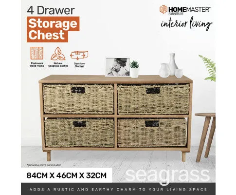 4 Drawer Natural Seagrass Wooden Storage Chest Stylish 46cm