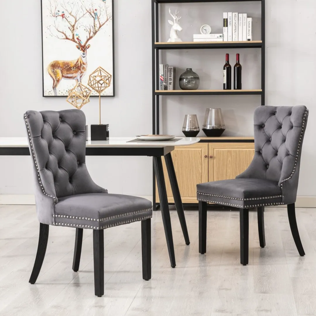 8x Velvet Tufted Dining Chairs, Solid Wood Legs, High Backrest