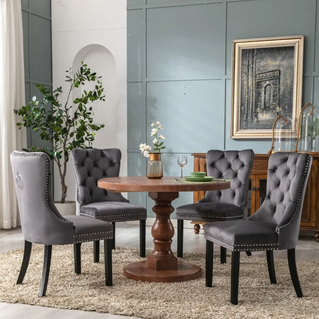 8x Velvet Tufted Dining Chairs, Solid Wood Legs, High Backrest