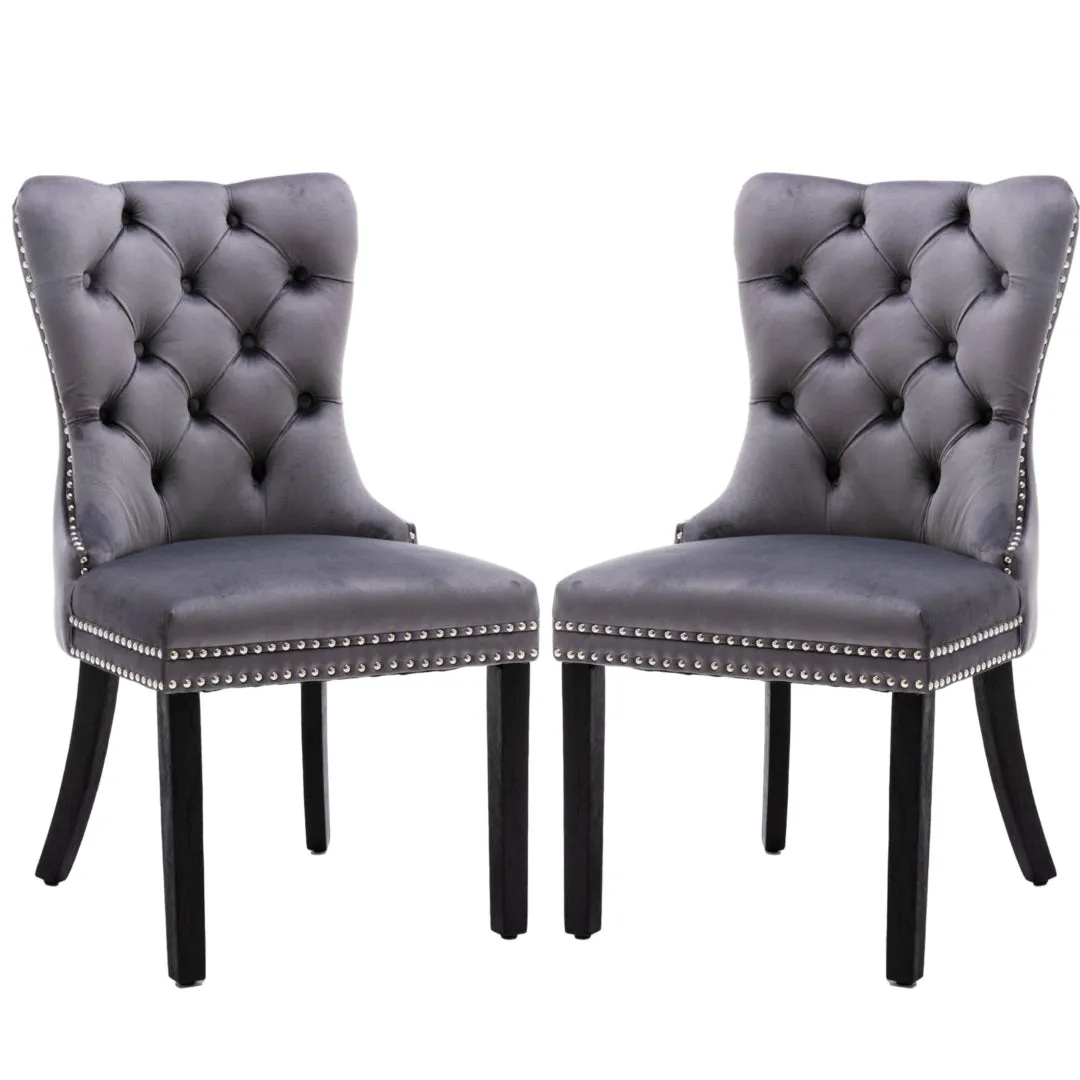 8x Velvet Tufted Dining Chairs, Solid Wood Legs, High Backrest