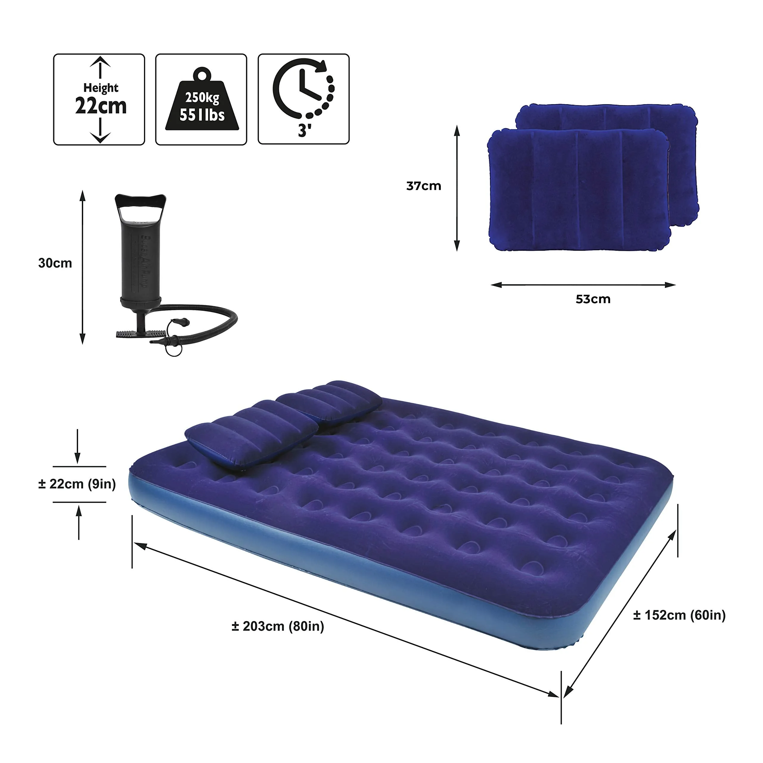 Avenli Queen Sized Flocked Airbed with Pillows and Hand Pump