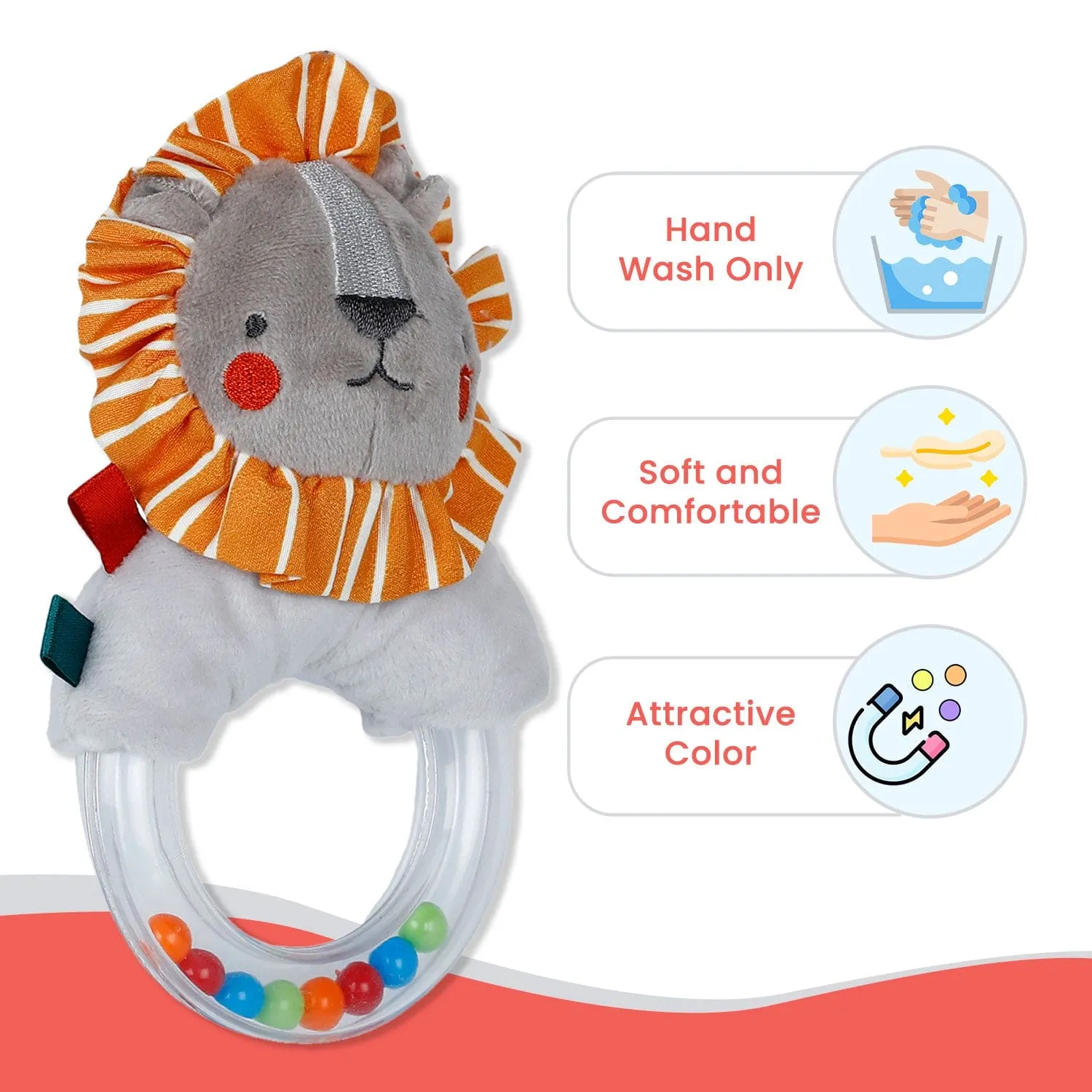 Baby Moo King Of Jungle Sensory Hand Grab Developmental Plush Handheld Ring Rattle Toy - Grey