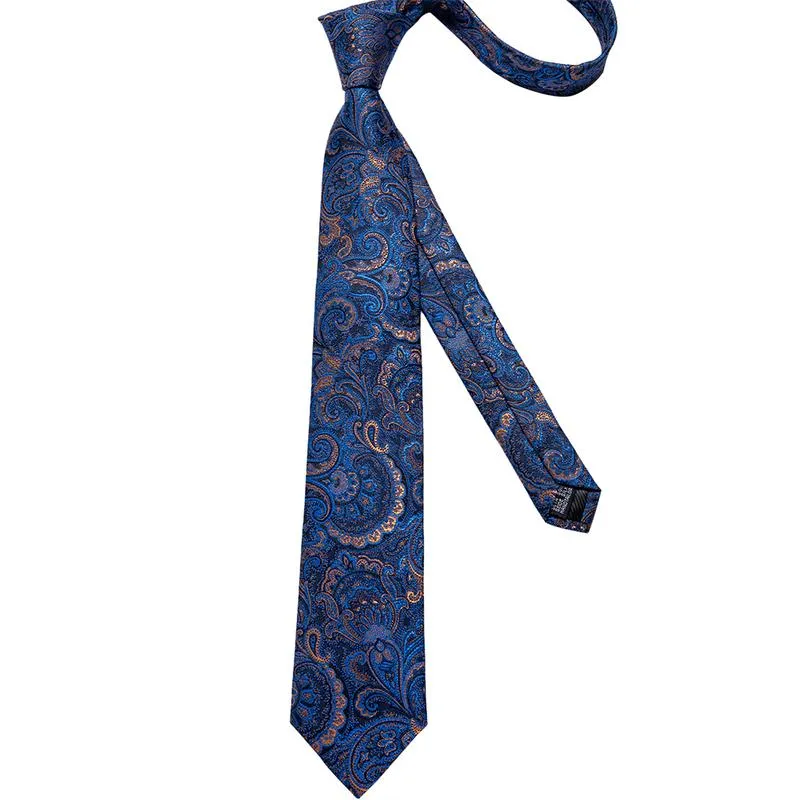 Blue Shining Paisley Tie Pocket Square Cufflinks Set with Spacious Ring