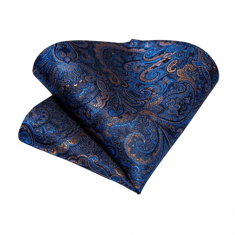 Blue Shining Paisley Tie Pocket Square Cufflinks Set with Spacious Ring