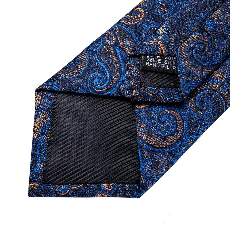 Blue Shining Paisley Tie Pocket Square Cufflinks Set with Spacious Ring