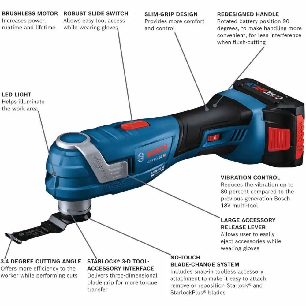 Bosch GOP18V-34B14 18V Brushless Starlock Oscillating Kit w/ (1) CORE18V 4 Ah Advanced Battery and GAL18V-40   3 Blades   Sanding Pads