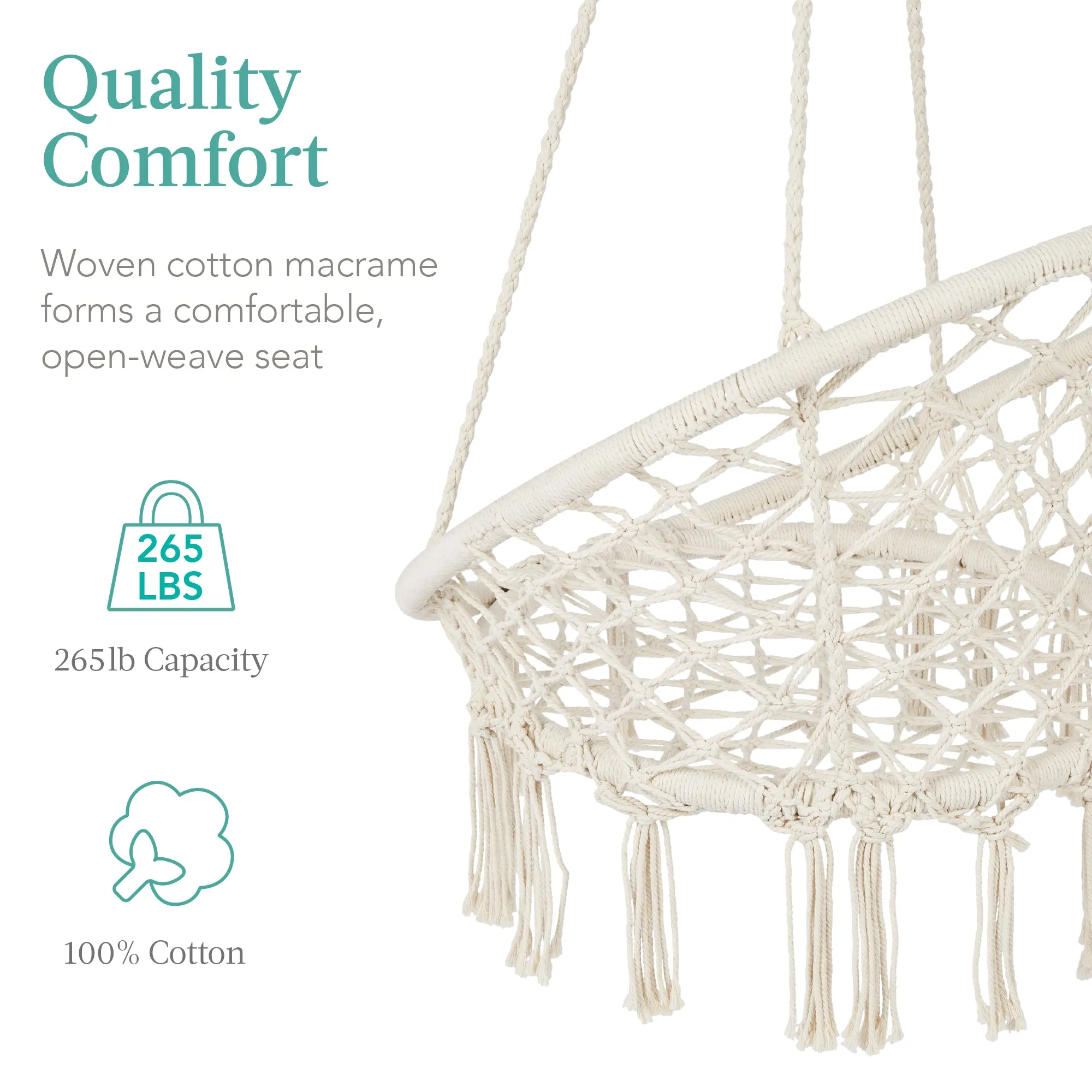 Cotton Macrame Hammock Hanging Chair Swing, Handwoven w/ Backrest