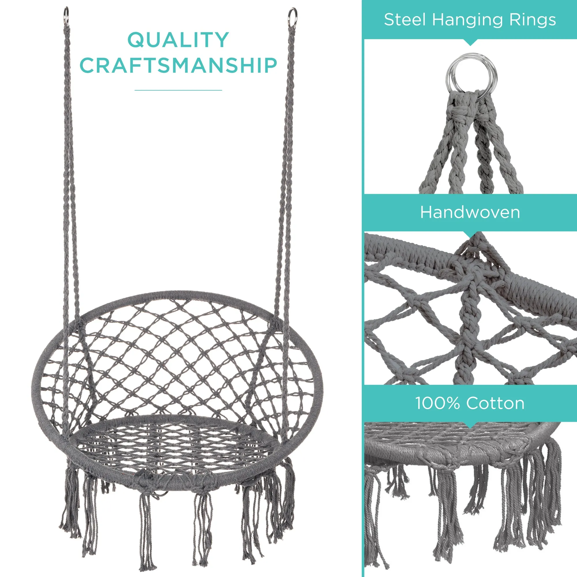 Cotton Macrame Hammock Hanging Chair Swing, Handwoven w/ Backrest