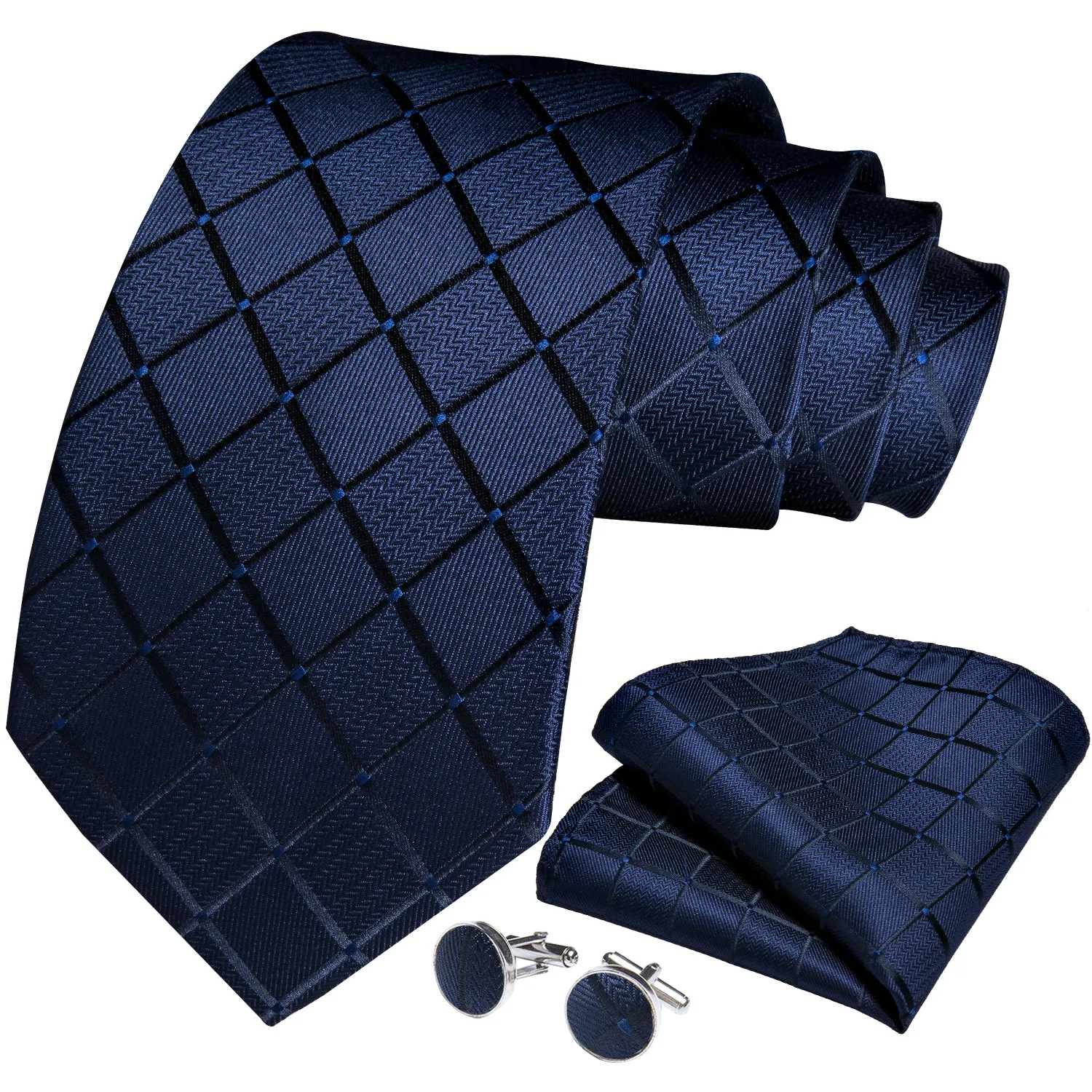 Deep Blue Plaid Tie Pocket Square Cufflinks Set with Spacious Ring