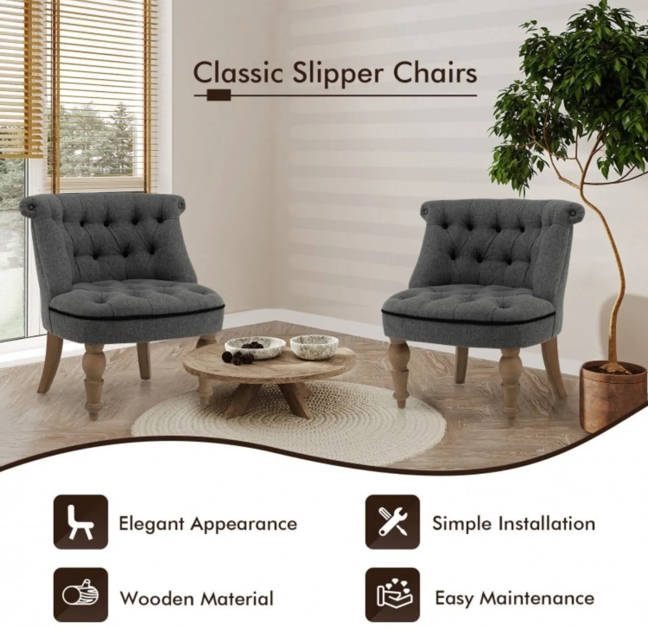 Heavy Duty Gorgeous Comfortable Modern Set Of 2 Upholstered Armless Classic Slipper Chairs | Beechwood Legs | Easy Install | Each Chair Holds 330lbs