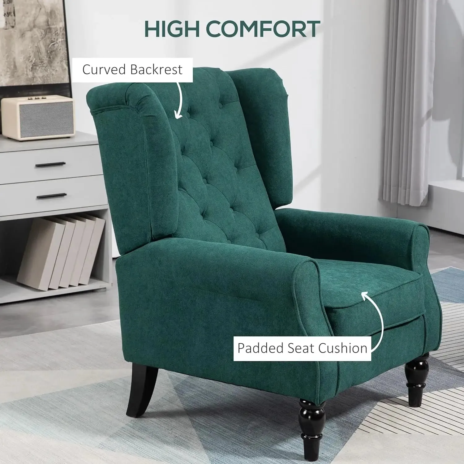 HOMCOM Button-Tufted Accent Chair with High Wingback, Rounded Cushioned Armrests and Thick Padded Seat, Dark Green