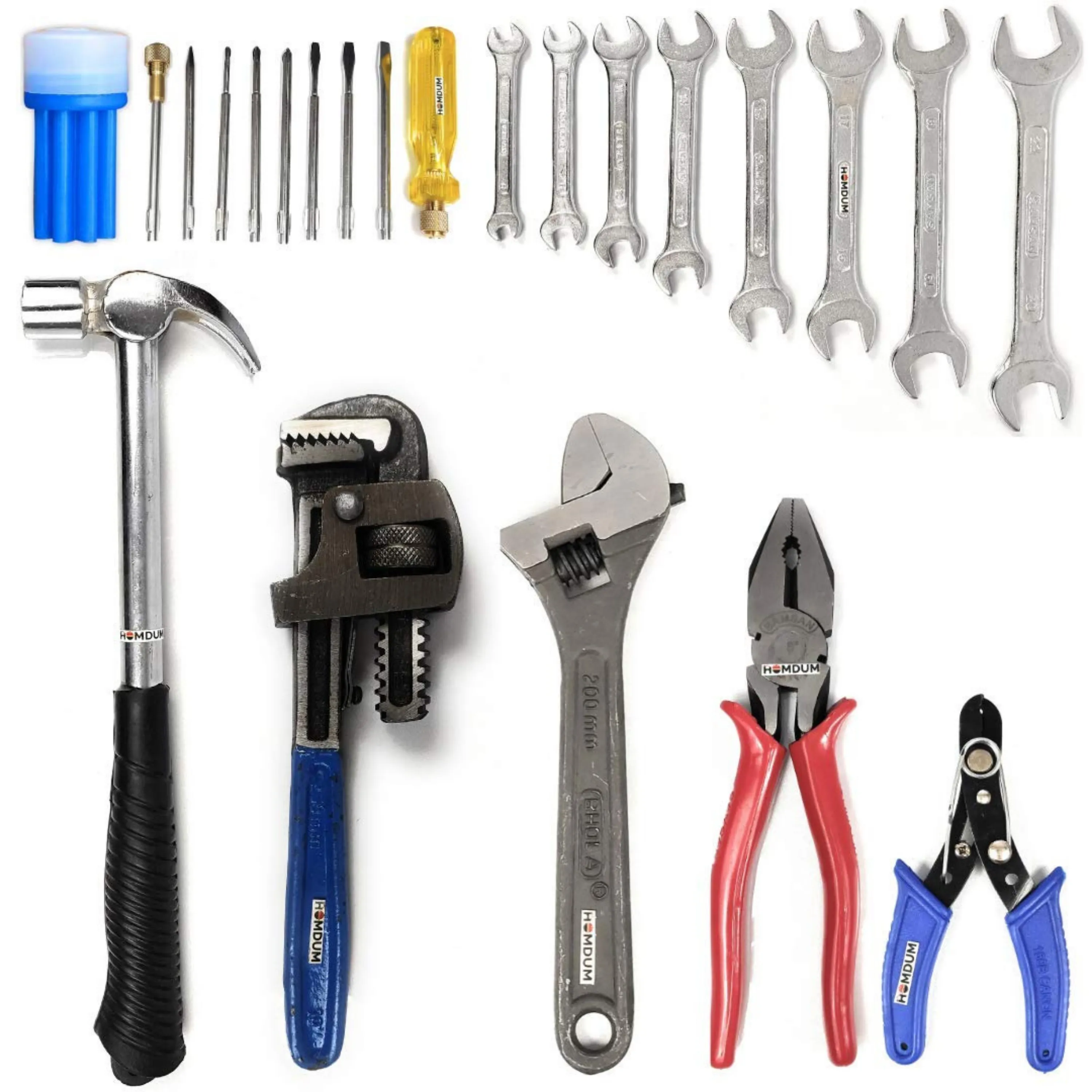 Homdum Home Handyman 22 Pc Tool Kit set (Hammer 350gm   Pipe Wrench 10”   Adjustable Spanner 10inch   Plier 8inch   Wire stripper   9Pc Screwdriver kit  8Pc Doe spanner Set.)