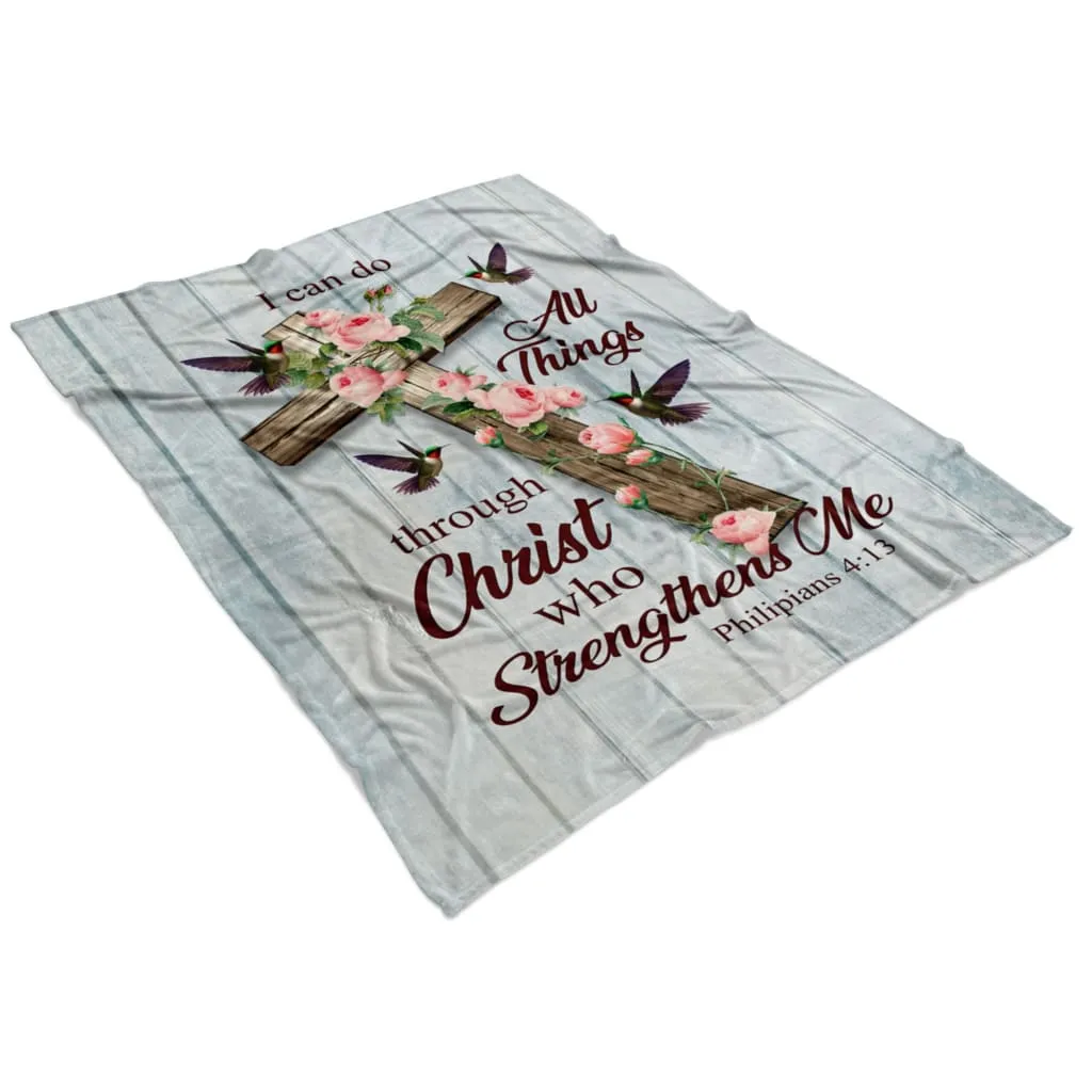 I Can Do All Things Through Christ Cross With Flowers Fleece Blanket - Christian Blanket - Bible Verse Blanket