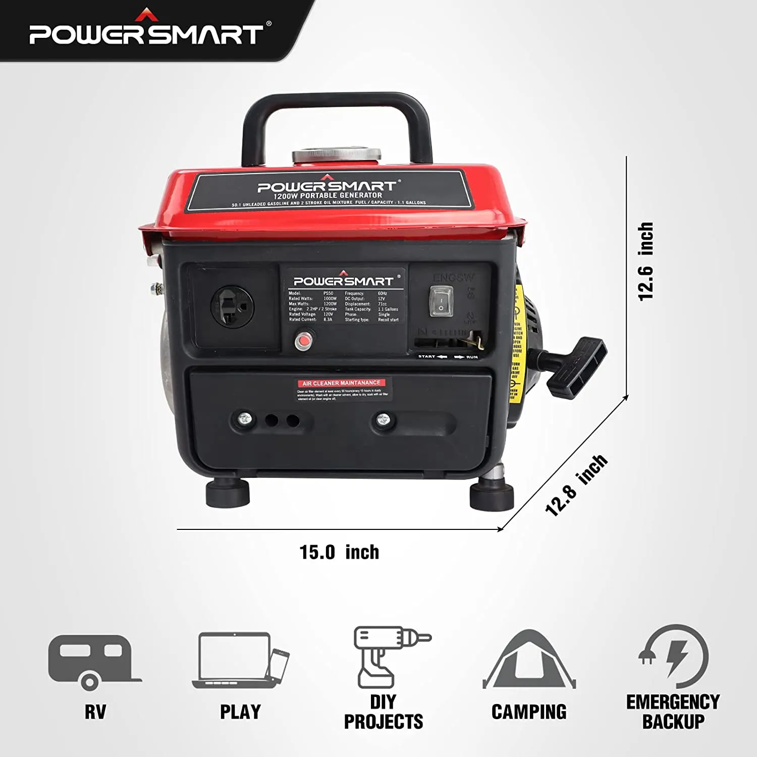 Powersmart PS50 Portable Generator 1000/1200W Gas 2 Stroke Recoil Start New