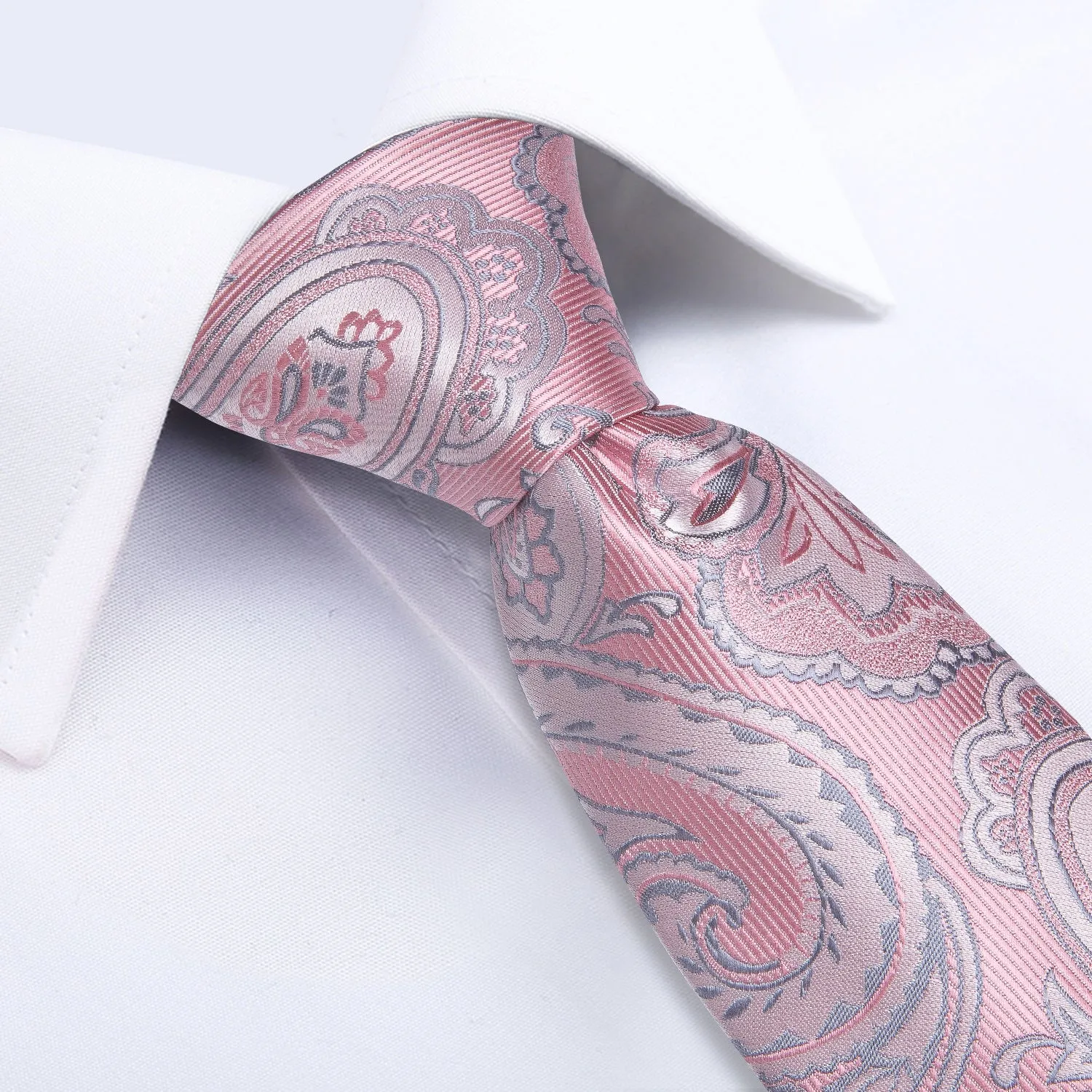 Silver Pink Paisley Tie Pocket Square Cufflinks Set with Spacious Ring