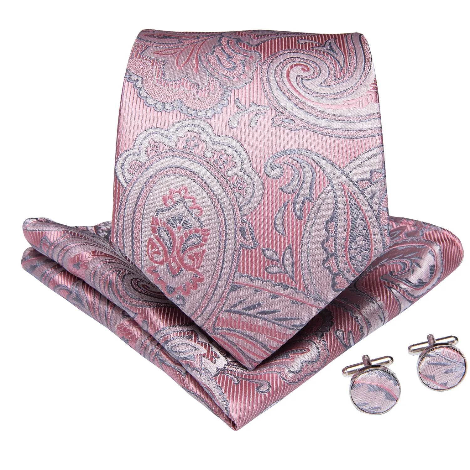 Silver Pink Paisley Tie Pocket Square Cufflinks Set with Spacious Ring