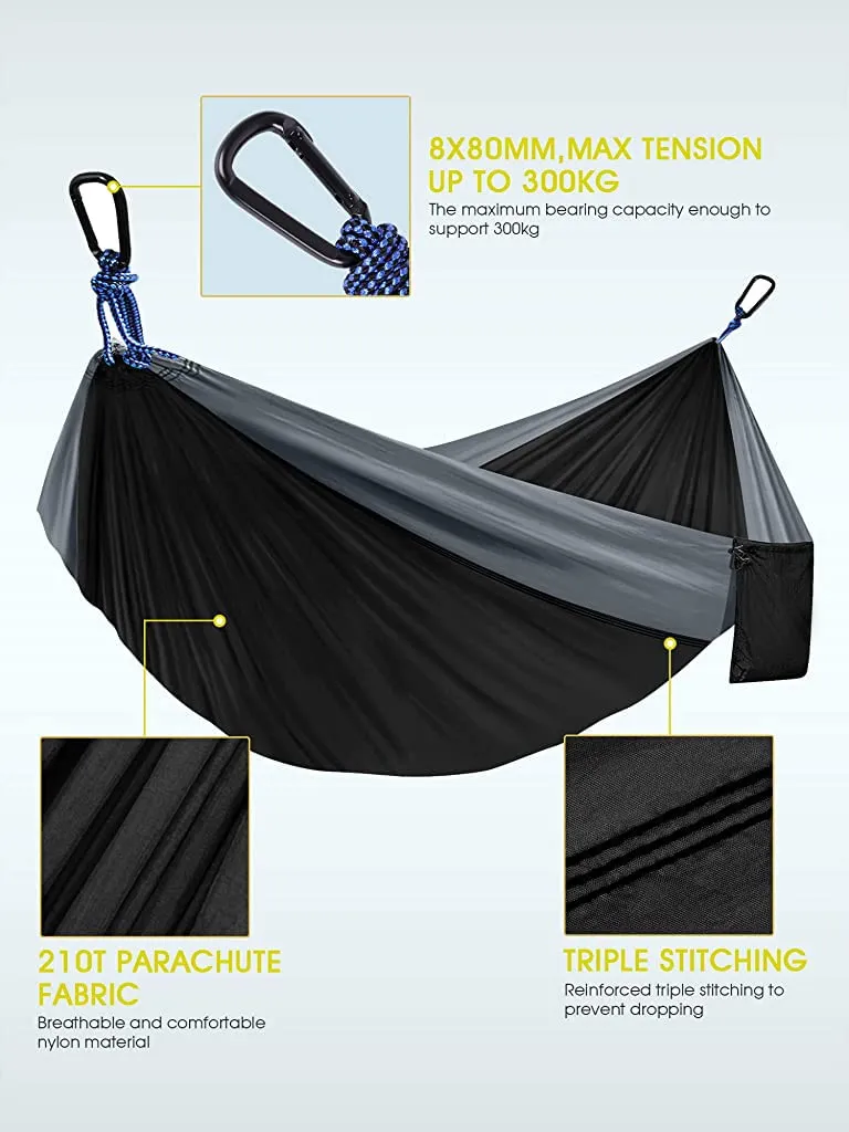 Supvox® Hammock for Camping Outdoor Activities with 2 Fixing Straps, Hammock Swing for Adults Kids, Portable Ultralight Nylon Hammock for Travel Beach Trekking, Maximum 200kg Load (275 x 140cm, Black)