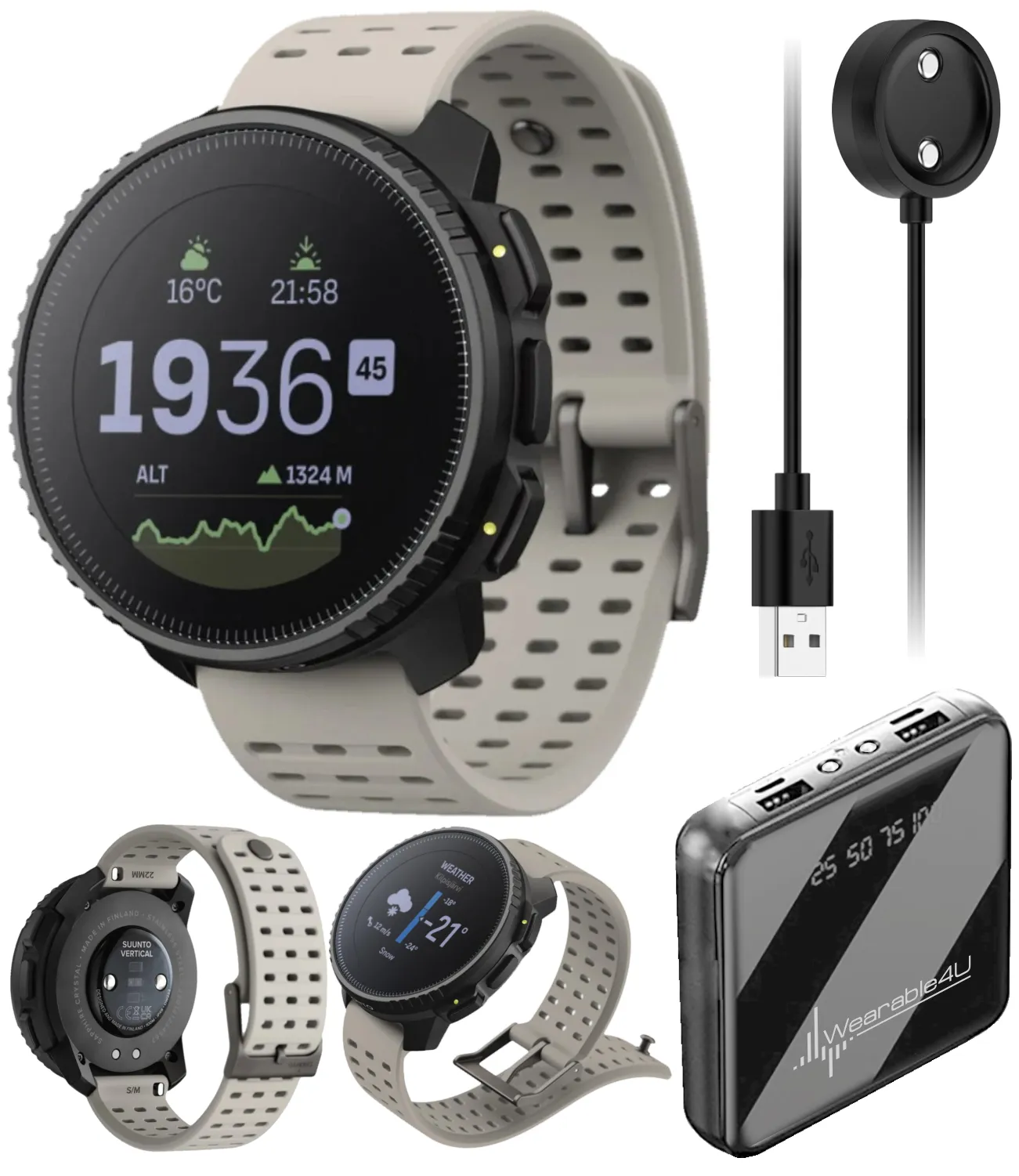 Suunto Vertical Adventure GPS Watch, All Black, Large Screen, Offline Maps with Wearable4U Power Bank SQ Bundle