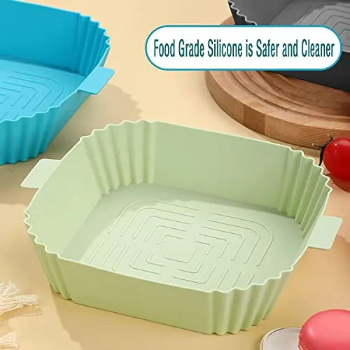 SZONZ Silicone air Fryer Basket Air Fryer Silicone Pots Non-Stick Air Fryer Liners with Ear Handles Reusable AirFryer Silicone Basket Parchment Pot Paper Multicolor (Square, Pack of 3)