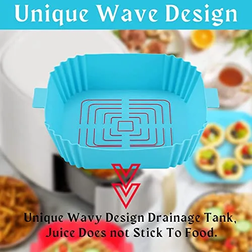 SZONZ Silicone air Fryer Basket Air Fryer Silicone Pots Non-Stick Air Fryer Liners with Ear Handles Reusable AirFryer Silicone Basket Parchment Pot Paper Multicolor (Square, Pack of 3)