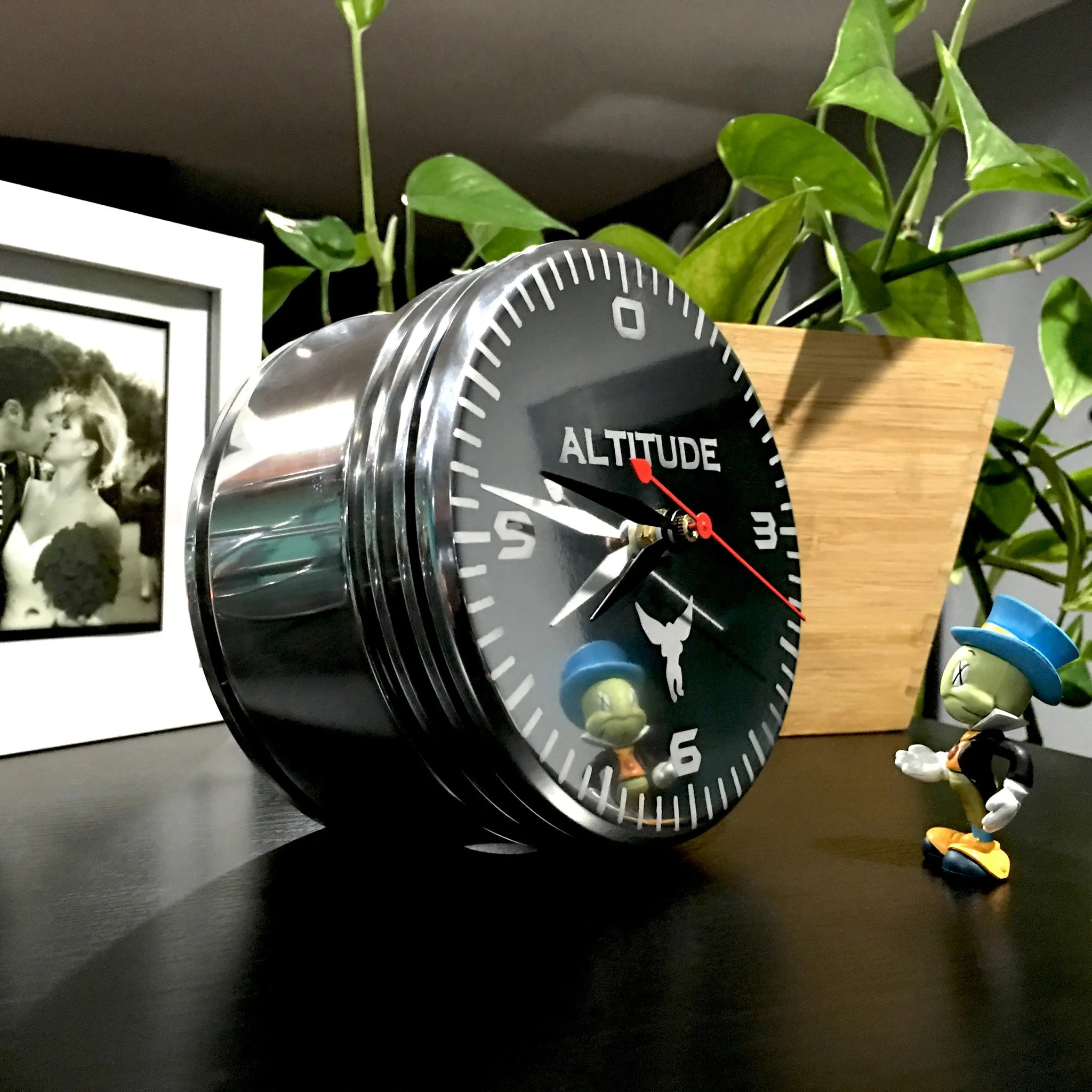 The Altimeter WWII Airplane Radial Engine Piston Altitude Polished Desk Clock