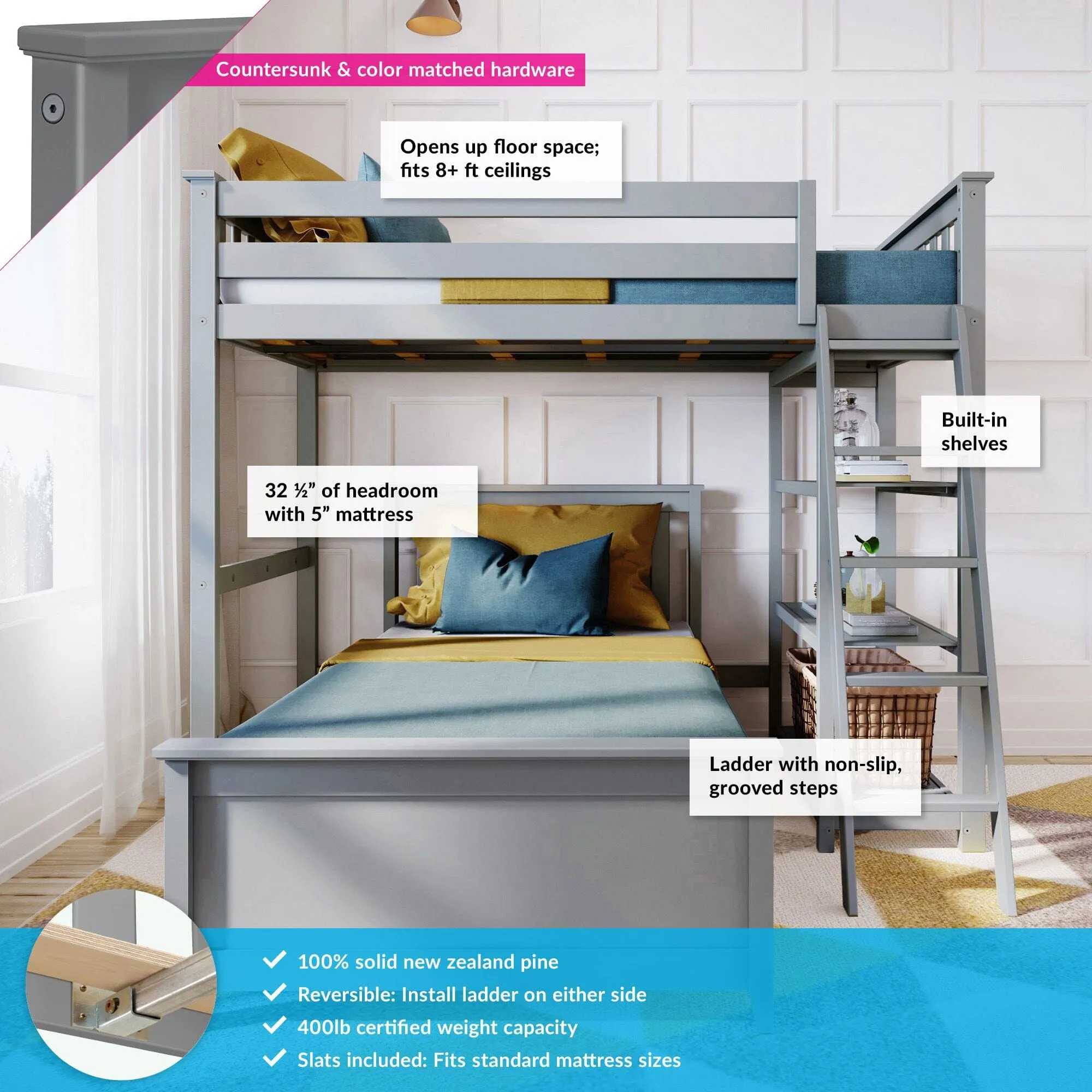 Twin Over Twin L-Shaped Bunk Bed With Bookcase