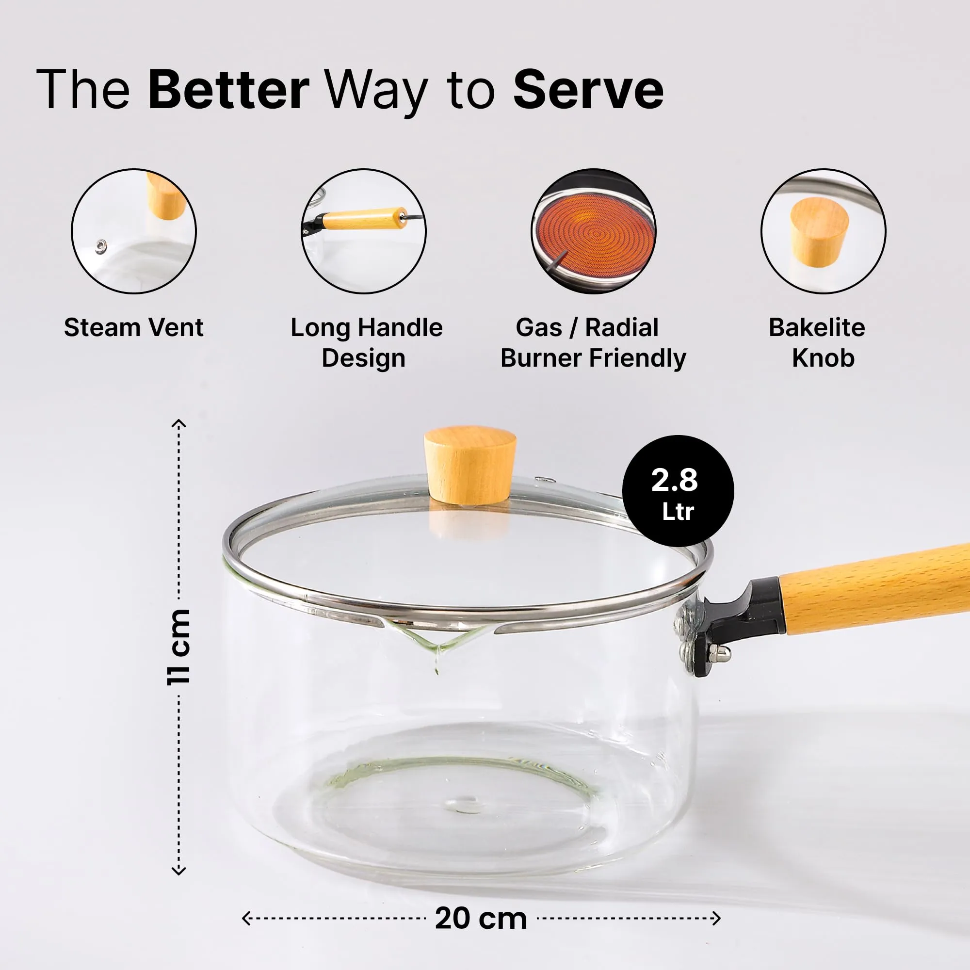 UMAI Borosilicate Glass Cookware for Gas Stove (2.8L) | Saucepan with Handle | Small Milk/Tea Pan | Boiling Pan | Patila for Cooking, Boiling | Gift for Housewarming (Amber)