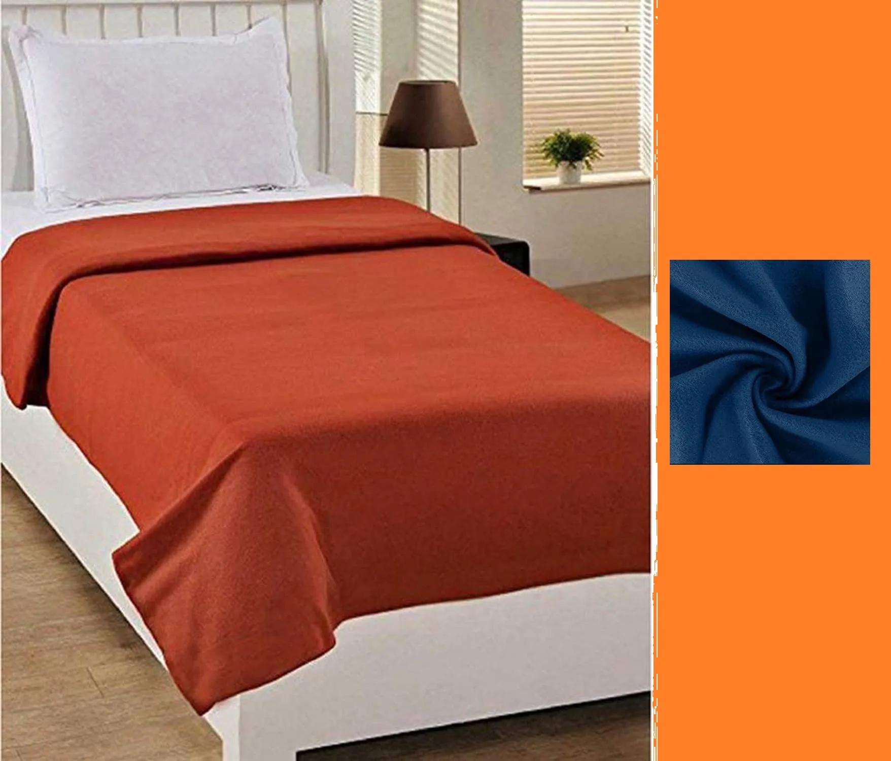 Wavva® Plain and Printed Fleece 2 Single Bed Blankets-Orange,Blue (Set of 2)